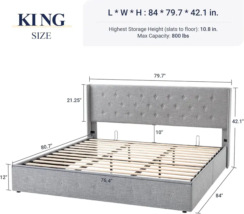 Allewie Queen Hydraulic Lift Storage Bed – Modern Upholstered Frame with Wingback Headboard & Quiet-Lift Mechanism