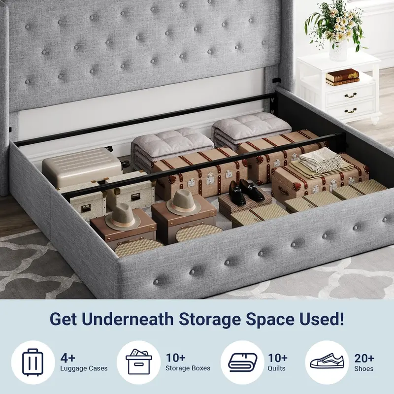 Allewie Queen Hydraulic Lift Storage Bed – Modern Upholstered Frame with Wingback Headboard & Quiet-Lift Mechanism