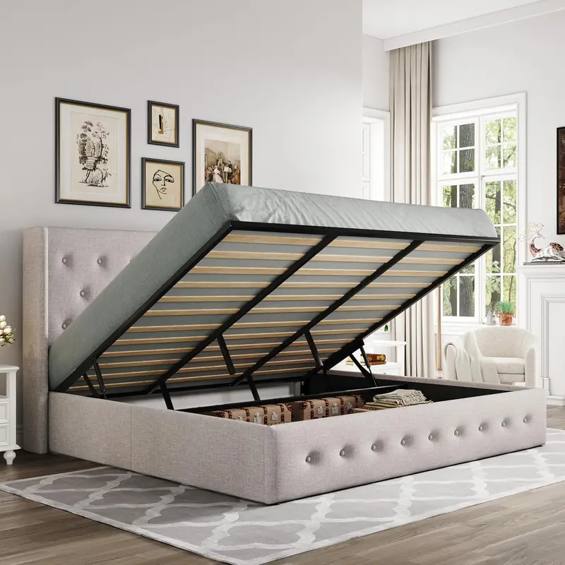 Allewie Queen Hydraulic Lift Storage Bed – Modern Upholstered Frame with Wingback Headboard & Quiet-Lift Mechanism