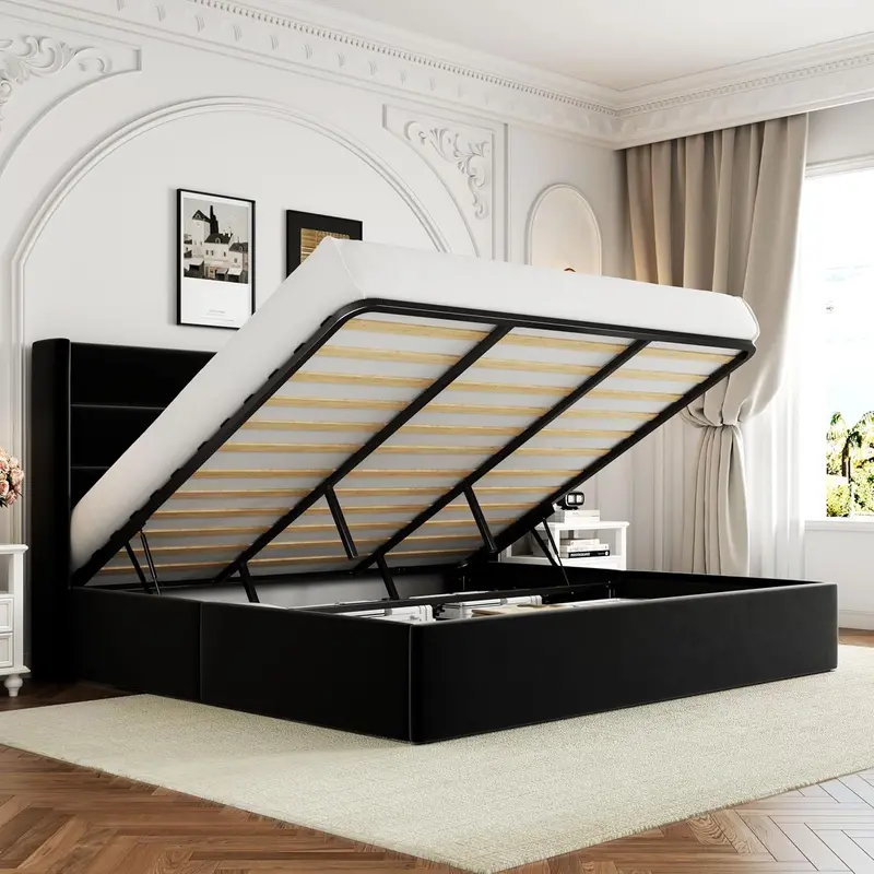 Allewie Queen Hydraulic Lift Storage Bed – Modern Upholstered Frame with Wingback Headboard & Quiet-Lift Mechanism