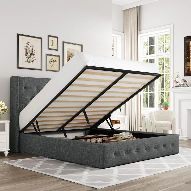 Allewie Queen Hydraulic Lift Storage Bed – Modern Upholstered Frame with Wingback Headboard & Quiet-Lift Mechanism