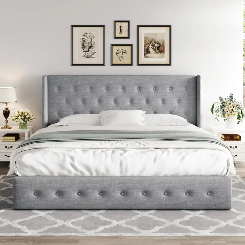 Allewie Queen Hydraulic Lift Storage Bed – Modern Upholstered Frame with Wingback Headboard & Quiet-Lift Mechanism
