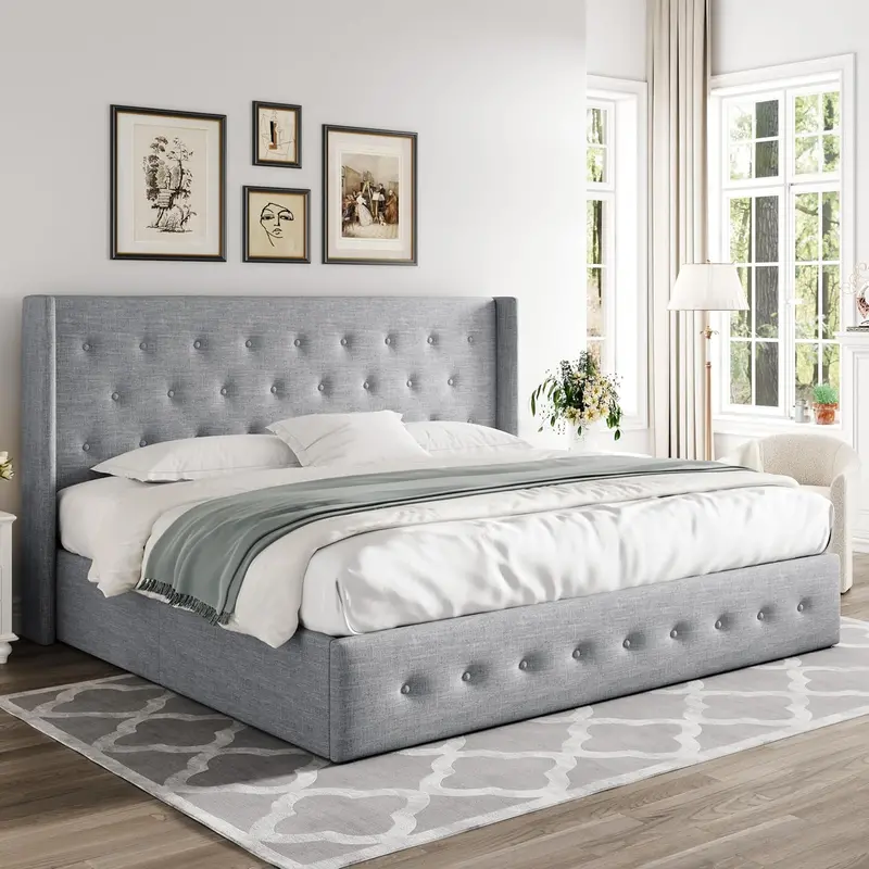 Allewie Queen Hydraulic Lift Storage Bed – Modern Upholstered Frame with Wingback Headboard & Quiet-Lift Mechanism