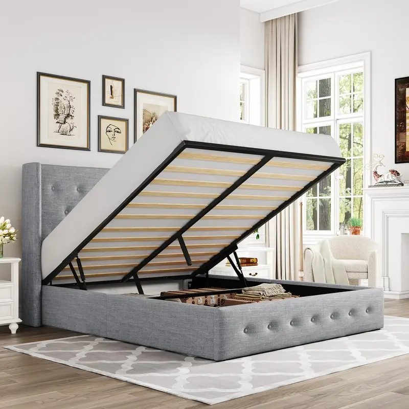 Allewie Queen Hydraulic Lift Storage Bed – Modern Upholstered Frame with Wingback Headboard & Quiet-Lift Mechanism