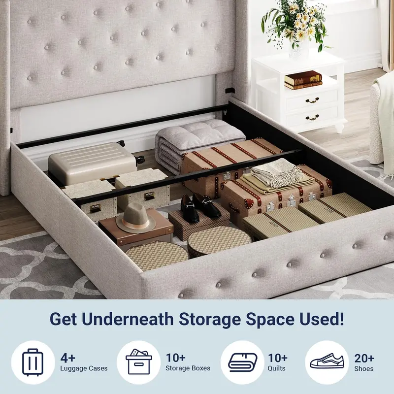 Allewie Queen Hydraulic Lift Storage Bed – Modern Upholstered Frame with Wingback Headboard & Quiet-Lift Mechanism
