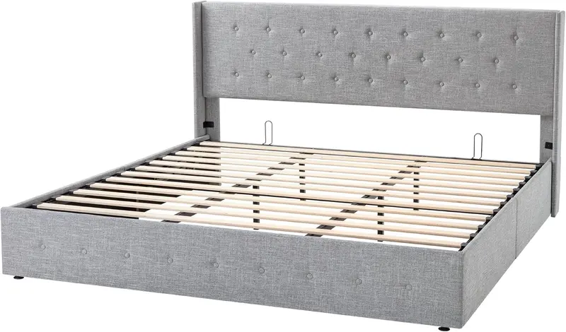 Allewie Queen Hydraulic Lift Storage Bed – Modern Upholstered Frame with Wingback Headboard & Quiet-Lift Mechanism
