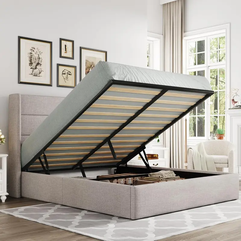 Allewie Queen Hydraulic Lift Storage Bed – Modern Upholstered Frame with Wingback Headboard & Quiet-Lift Mechanism