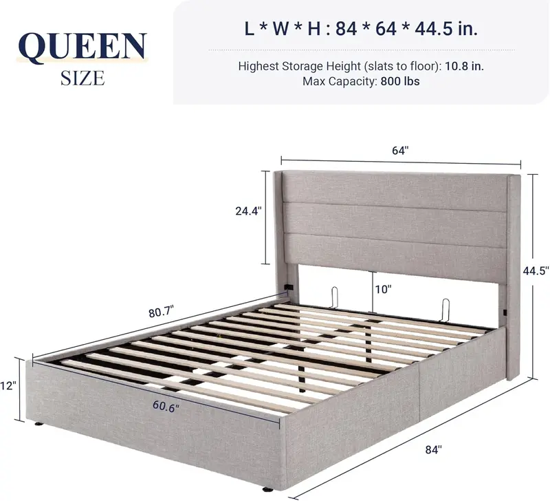 Allewie Queen Hydraulic Lift Storage Bed – Modern Upholstered Frame with Wingback Headboard & Quiet-Lift Mechanism