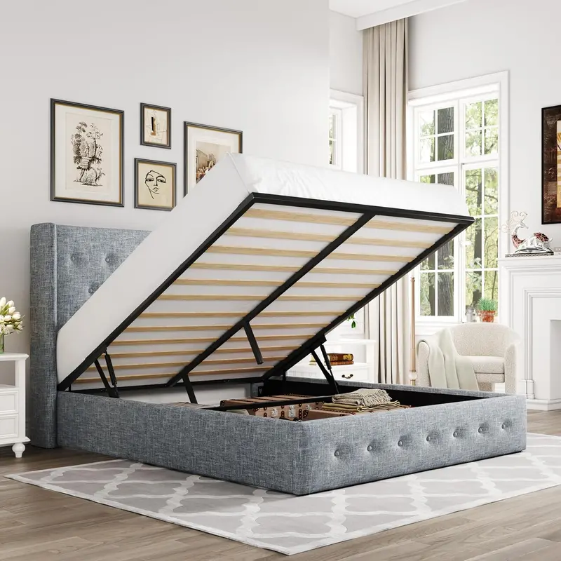 Allewie Queen Hydraulic Lift Storage Bed – Modern Upholstered Frame with Wingback Headboard & Quiet-Lift Mechanism