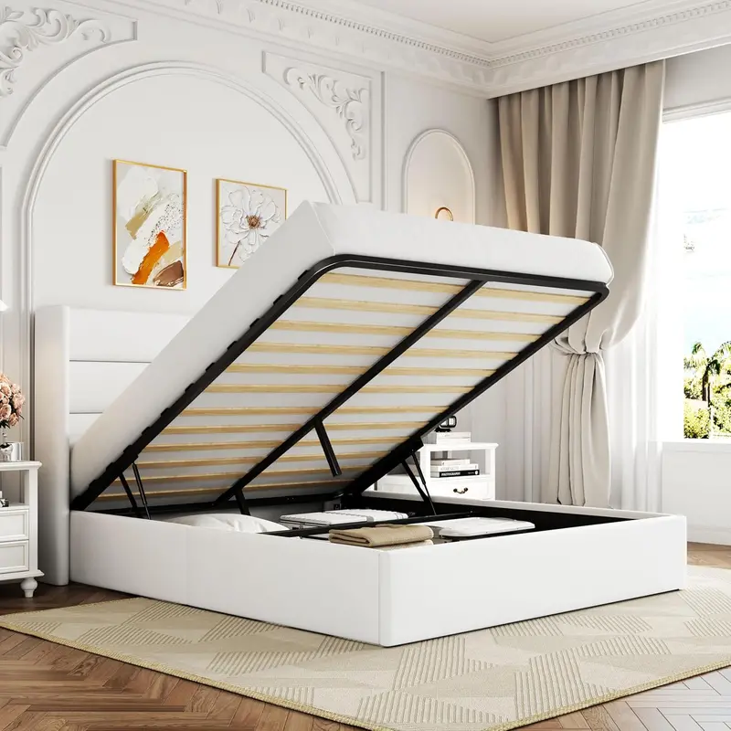 Allewie Queen Hydraulic Lift Storage Bed – Modern Upholstered Frame with Wingback Headboard & Quiet-Lift Mechanism