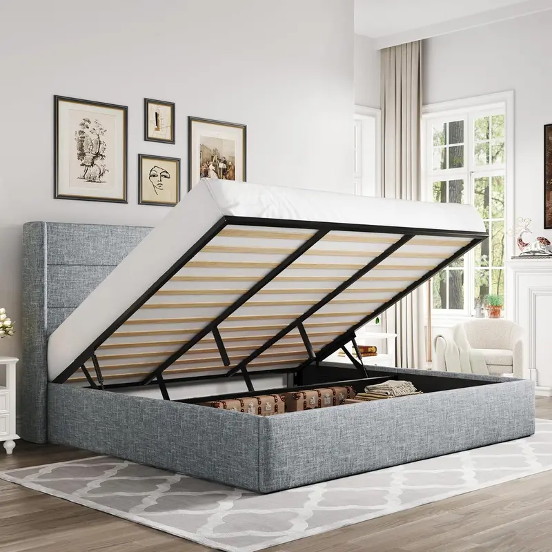 Allewie Queen Hydraulic Lift Storage Bed – Modern Upholstered Frame with Wingback Headboard & Quiet-Lift Mechanism