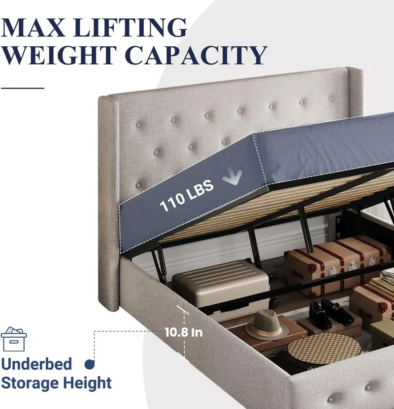 Allewie Queen Hydraulic Lift Storage Bed – Modern Upholstered Frame with Wingback Headboard & Quiet-Lift Mechanism