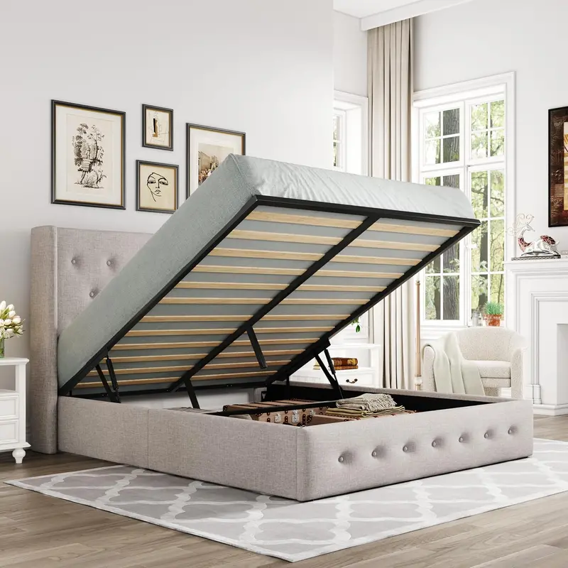 Allewie Queen Hydraulic Lift Storage Bed – Modern Upholstered Frame with Wingback Headboard & Quiet-Lift Mechanism