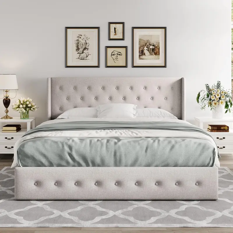Allewie Queen Hydraulic Lift Storage Bed – Modern Upholstered Frame with Wingback Headboard & Quiet-Lift Mechanism