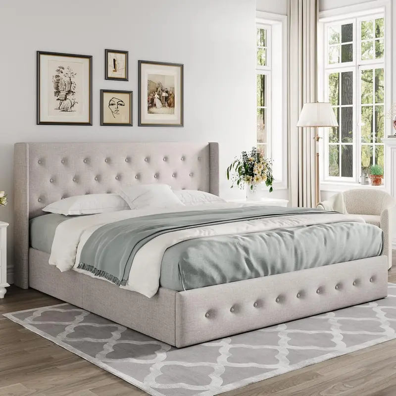 Allewie Queen Hydraulic Lift Storage Bed – Modern Upholstered Frame with Wingback Headboard & Quiet-Lift Mechanism