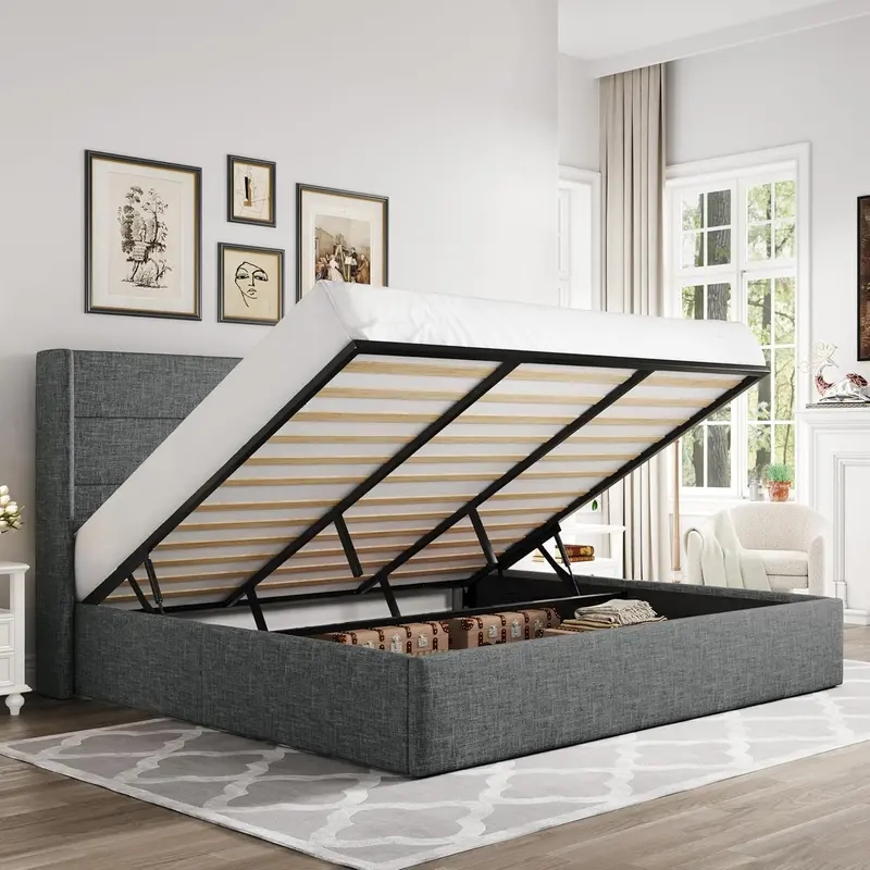 Allewie Queen Hydraulic Lift Storage Bed – Modern Upholstered Frame with Wingback Headboard & Quiet-Lift Mechanism