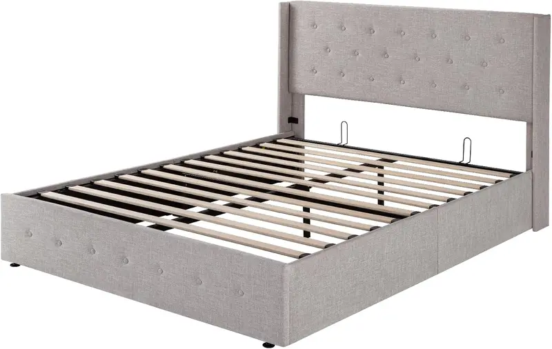 Allewie Queen Hydraulic Lift Storage Bed – Modern Upholstered Frame with Wingback Headboard & Quiet-Lift Mechanism
