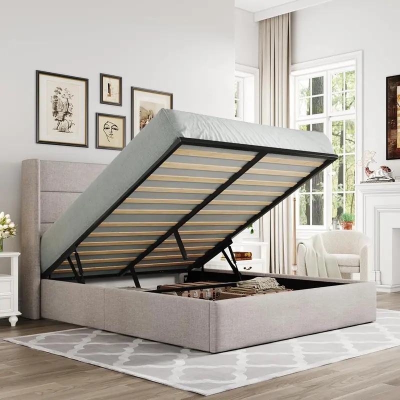 Allewie Queen Hydraulic Lift Storage Bed – Modern Upholstered Frame with Wingback Headboard & Quiet-Lift Mechanism