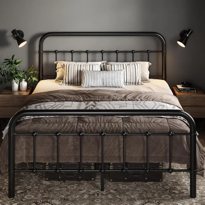 Allewie Queen Metal Platform Bed – Victorian-Inspired Wrought Iron Headboard Frame