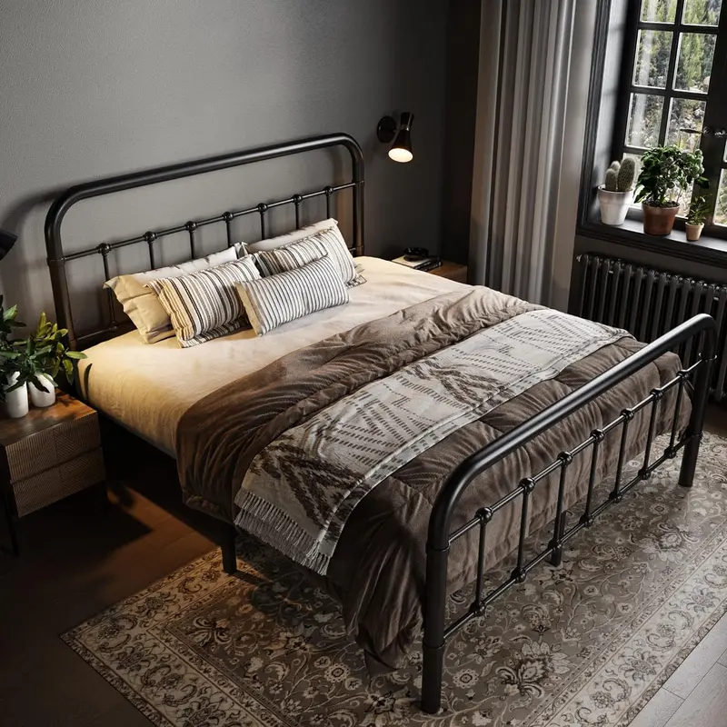 Allewie Queen Metal Platform Bed – Victorian-Inspired Wrought Iron Headboard Frame