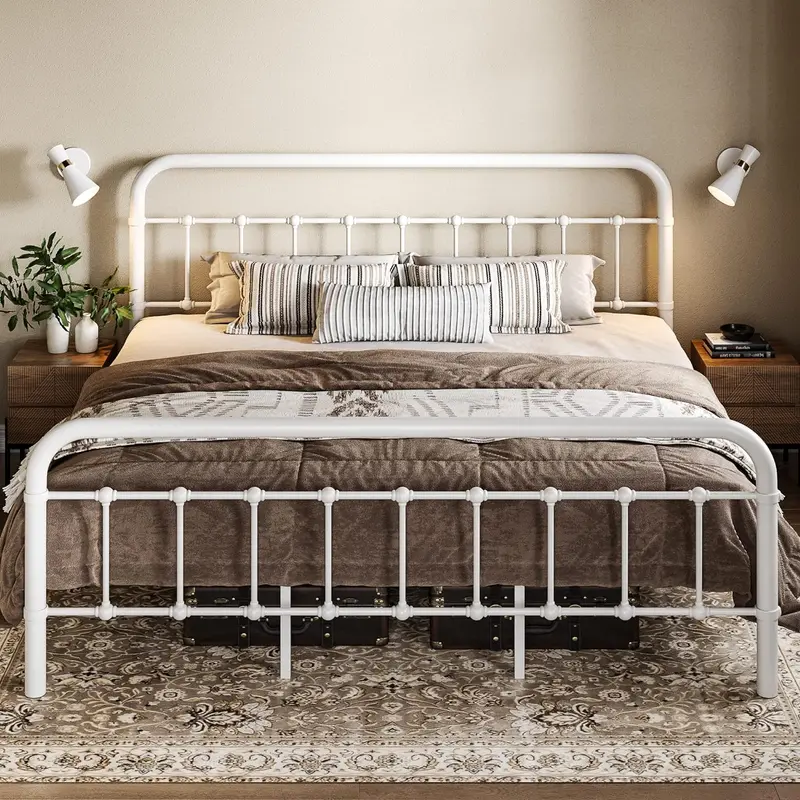 Allewie Queen Metal Platform Bed – Victorian-Inspired Wrought Iron Headboard Frame