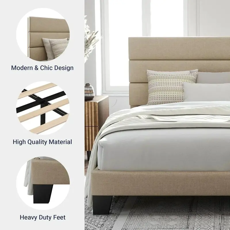 Allewie Queen Platform Bed Frame — Upholstered Fabric Headboard with Solid Wood Slats