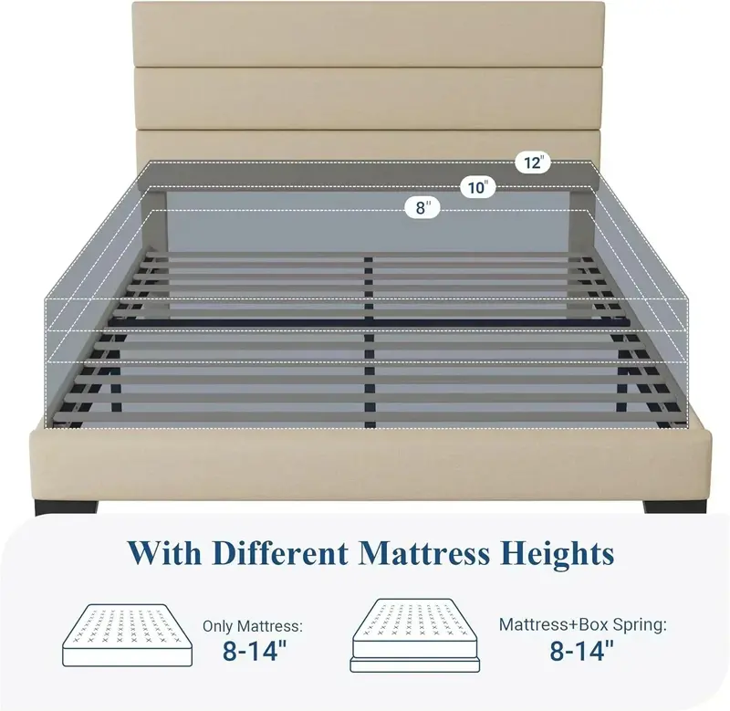Allewie Queen Platform Bed Frame — Upholstered Fabric Headboard with Solid Wood Slats
