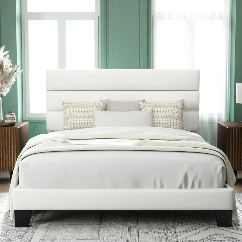 Allewie Queen Platform Bed Frame — Upholstered Fabric Headboard with Solid Wood Slats