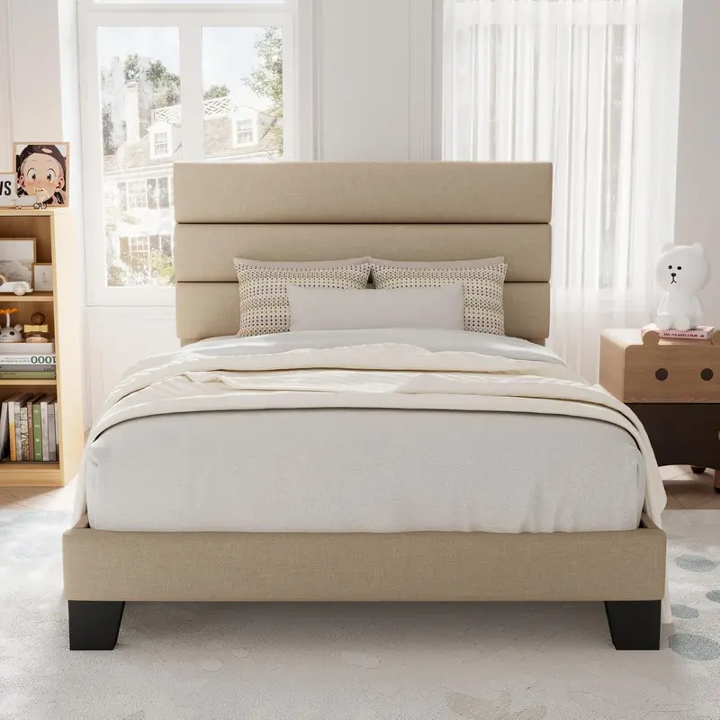 Allewie Queen Platform Bed Frame — Upholstered Fabric Headboard with Solid Wood Slats
