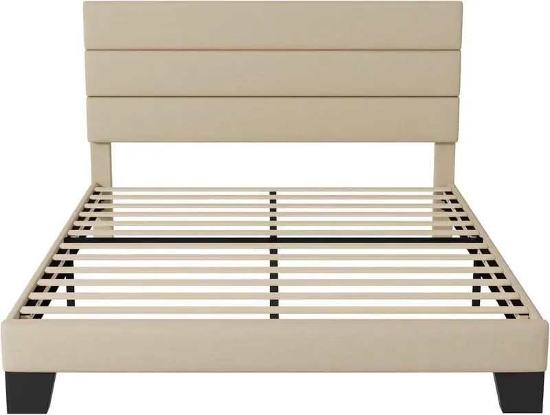 Allewie Queen Platform Bed Frame — Upholstered Fabric Headboard with Solid Wood Slats