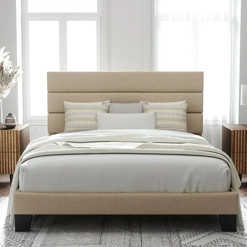 Allewie Queen Platform Bed Frame — Upholstered Fabric Headboard with Solid Wood Slats