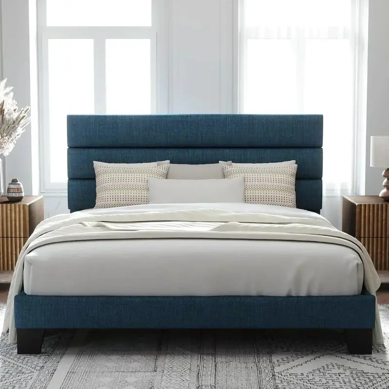 Allewie Queen Platform Bed Frame — Upholstered Fabric Headboard with Solid Wood Slats