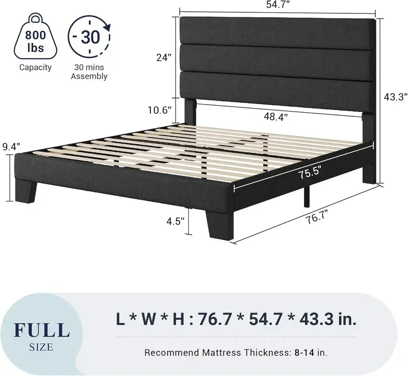 Allewie Queen Platform Bed Frame — Upholstered Fabric Headboard with Solid Wood Slats