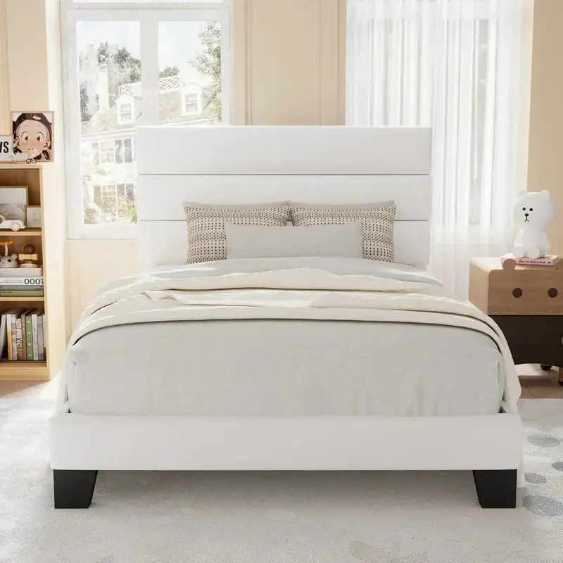 Allewie Queen Platform Bed Frame — Upholstered Fabric Headboard with Solid Wood Slats