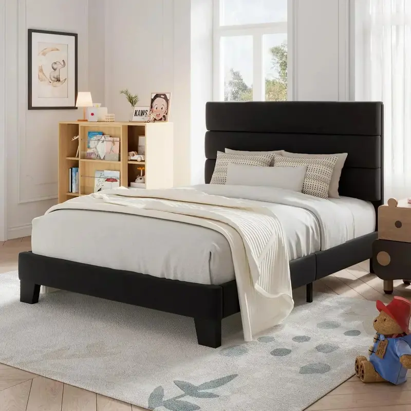 Allewie Queen Platform Bed Frame — Upholstered Fabric Headboard with Solid Wood Slats