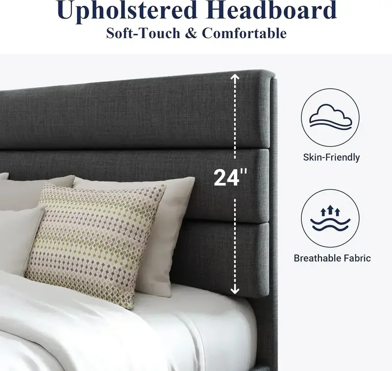 Allewie Queen Platform Bed Frame — Upholstered Fabric Headboard with Solid Wood Slats