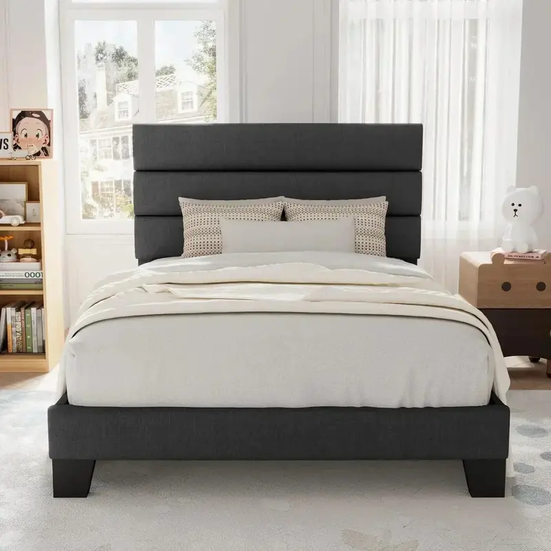 Allewie Queen Platform Bed Frame — Upholstered Fabric Headboard with Solid Wood Slats