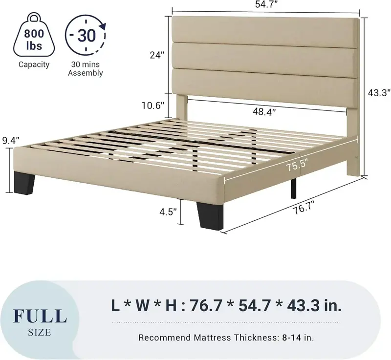 Allewie Queen Platform Bed Frame — Upholstered Fabric Headboard with Solid Wood Slats