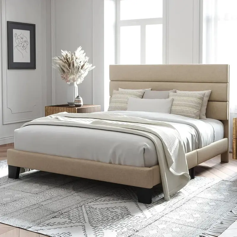 Allewie Queen Platform Bed Frame — Upholstered Fabric Headboard with Solid Wood Slats