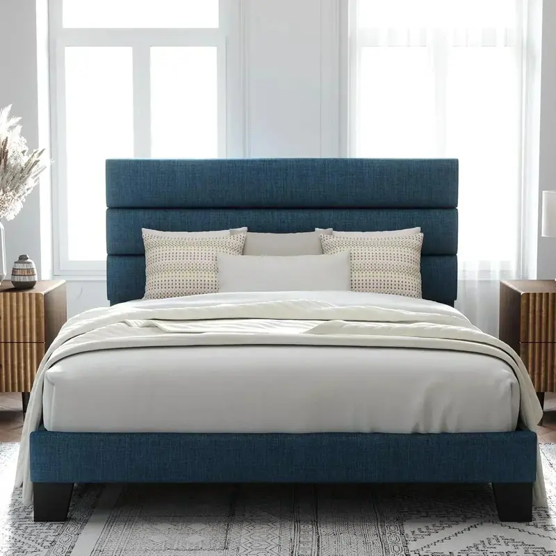 Allewie Queen Platform Bed Frame — Upholstered Fabric Headboard with Solid Wood Slats