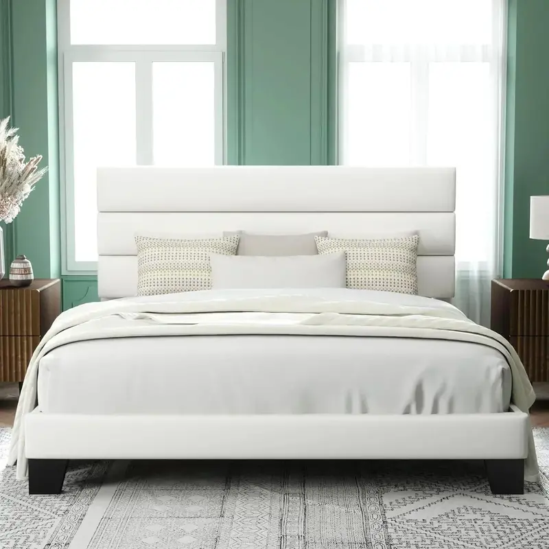 Allewie Queen Platform Bed Frame — Upholstered Fabric Headboard with Solid Wood Slats