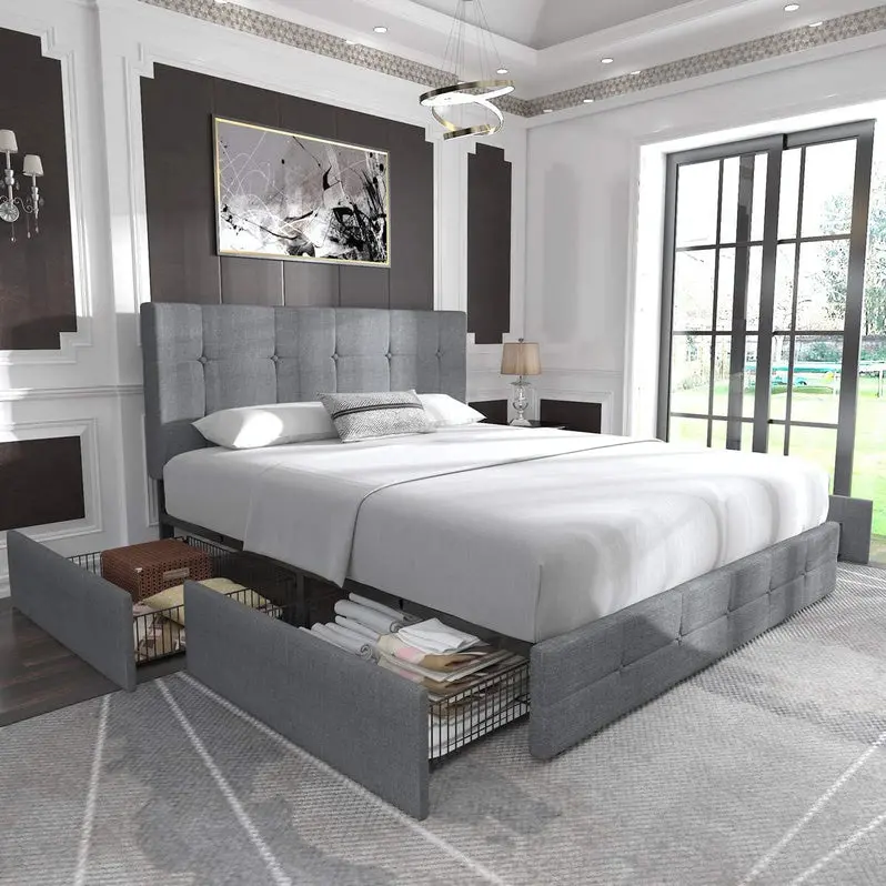 Allewie Upholstered Queen Platform Bed Frame – Modern Style with Four Under-Bed Storage Drawers
