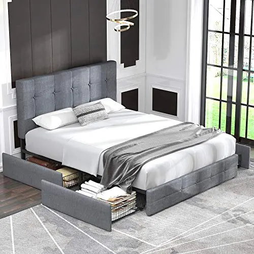 Allewie Upholstered Queen Platform Bed Frame – Modern Style with Four Under-Bed Storage Drawers