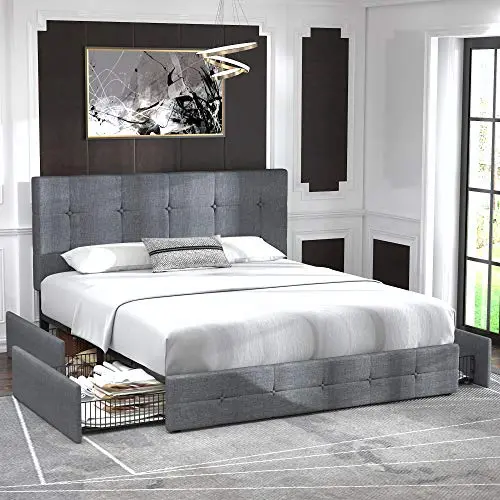 Allewie Upholstered Queen Platform Bed Frame – Modern Style with Four Under-Bed Storage Drawers