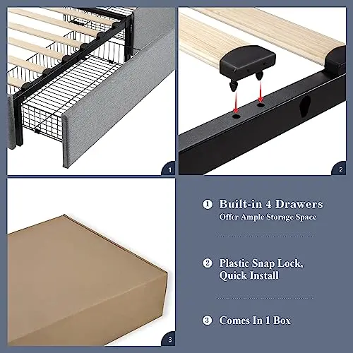 Allewie Upholstered Queen Platform Bed Frame – Modern Style with Four Under-Bed Storage Drawers