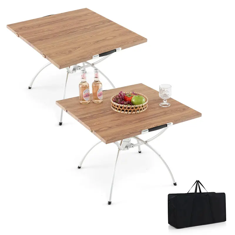 Aluminum Folding Camping Table Set – 2-Piece Extendable Picnic Tables with Wood-Grain Surface