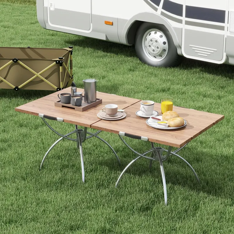 Aluminum Folding Camping Table Set – 2-Piece Extendable Picnic Tables with Wood-Grain Surface 2