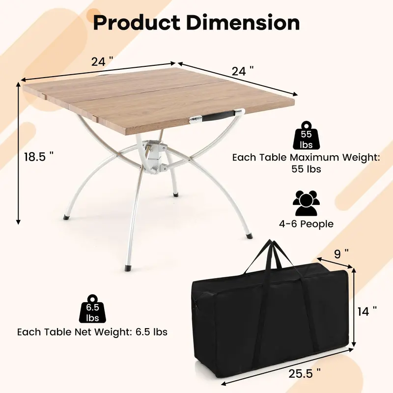 Aluminum Folding Camping Table Set – 2-Piece Extendable Picnic Tables with Wood-Grain Surface
