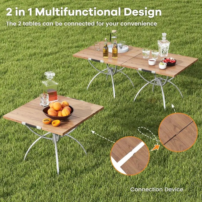 Aluminum Folding Camping Table Set – 2-Piece Extendable Picnic Tables with Wood-Grain Surface