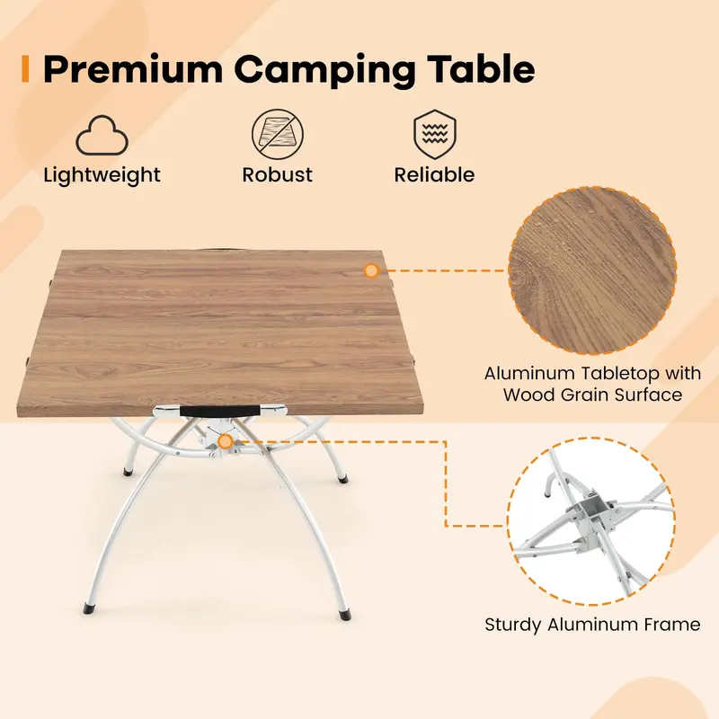 Aluminum Folding Camping Table Set – 2-Piece Extendable Picnic Tables with Wood-Grain Surface